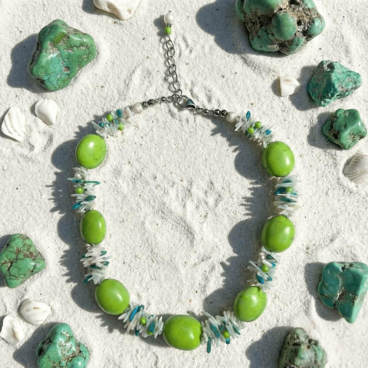 Green Turquoise with White Coral Stick and Blue Turquoise Necklace - Thumbnail 2