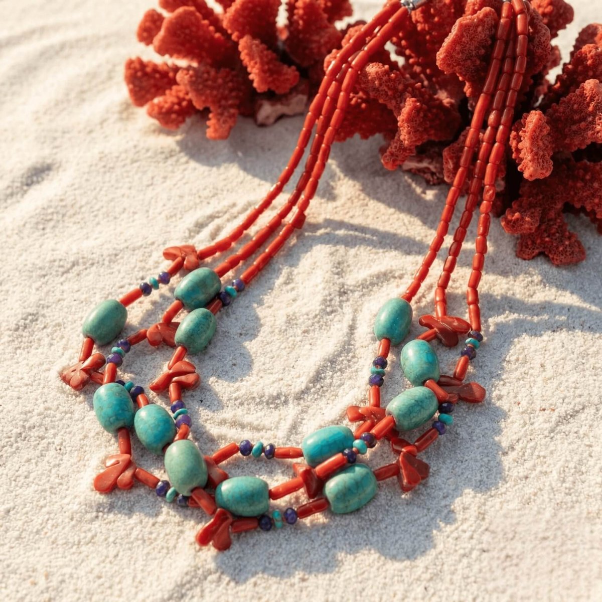 Red Coral with Turquoise and Amethyst Necklace - Thumbnail 2