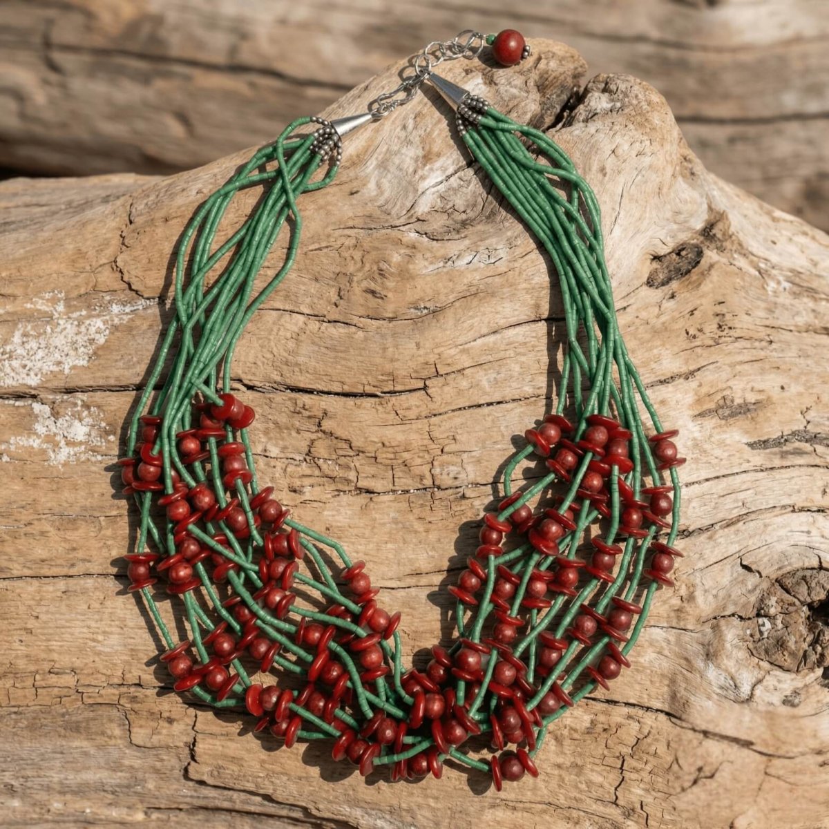 Multi Strand African Jade and Coral Necklace - Thumbnail 2