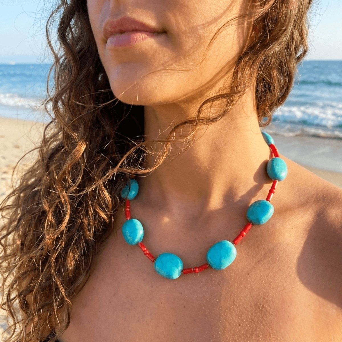 Blue Turquoise and Red Coral Necklace