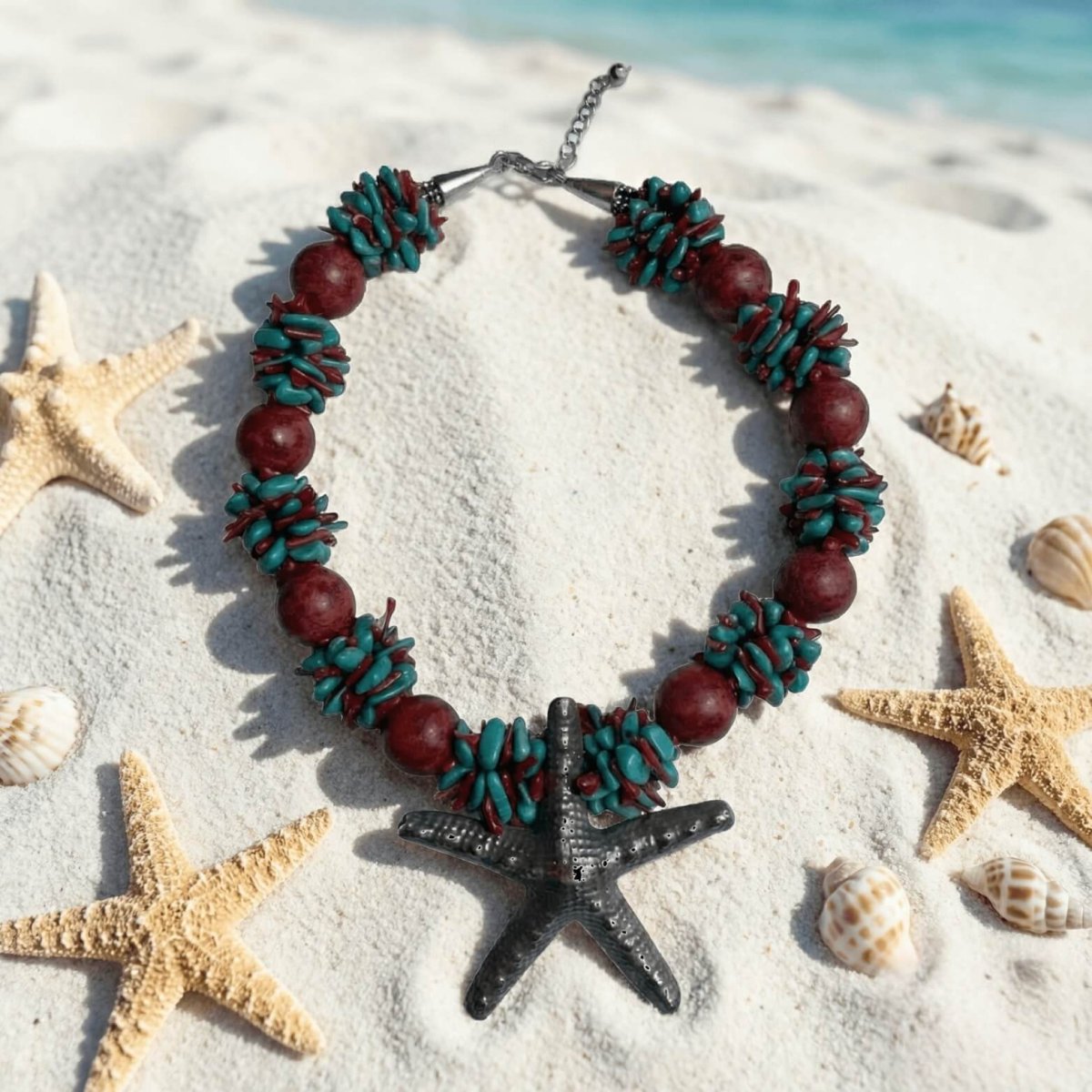 Red Coral with Turquoise Stones and Silver Starfish Pendant Necklace - Thumbnail 2