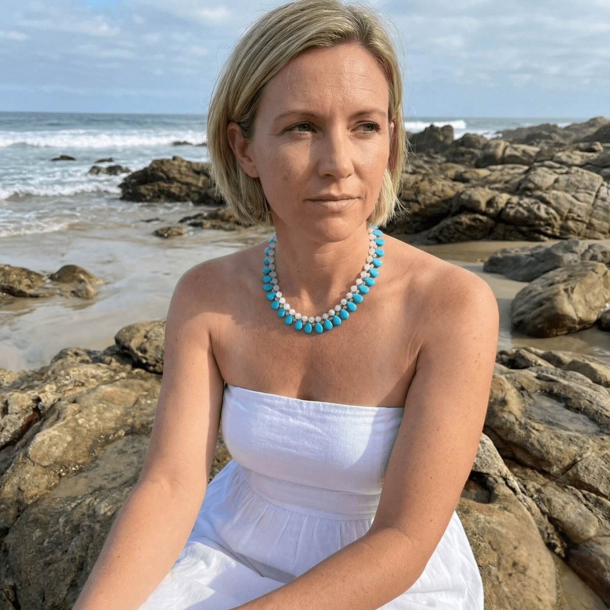 Blue Turquoise with White Accents and Pink Coral Necklace