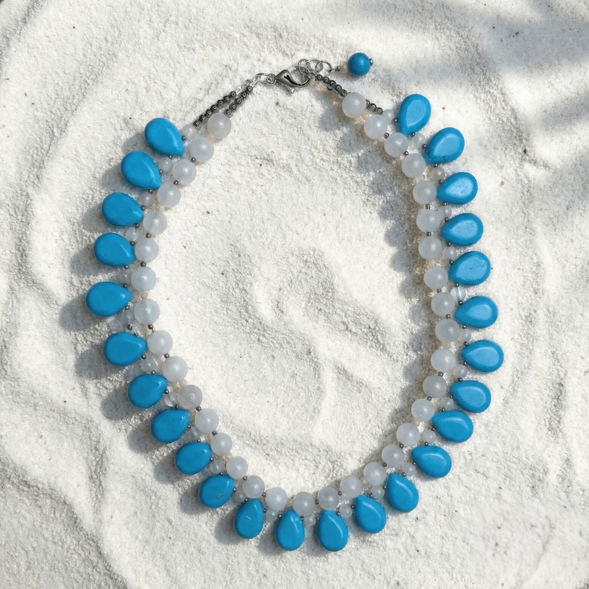 Blue Turquoise with White Accents and Pink Coral Necklace - Thumbnail 2
