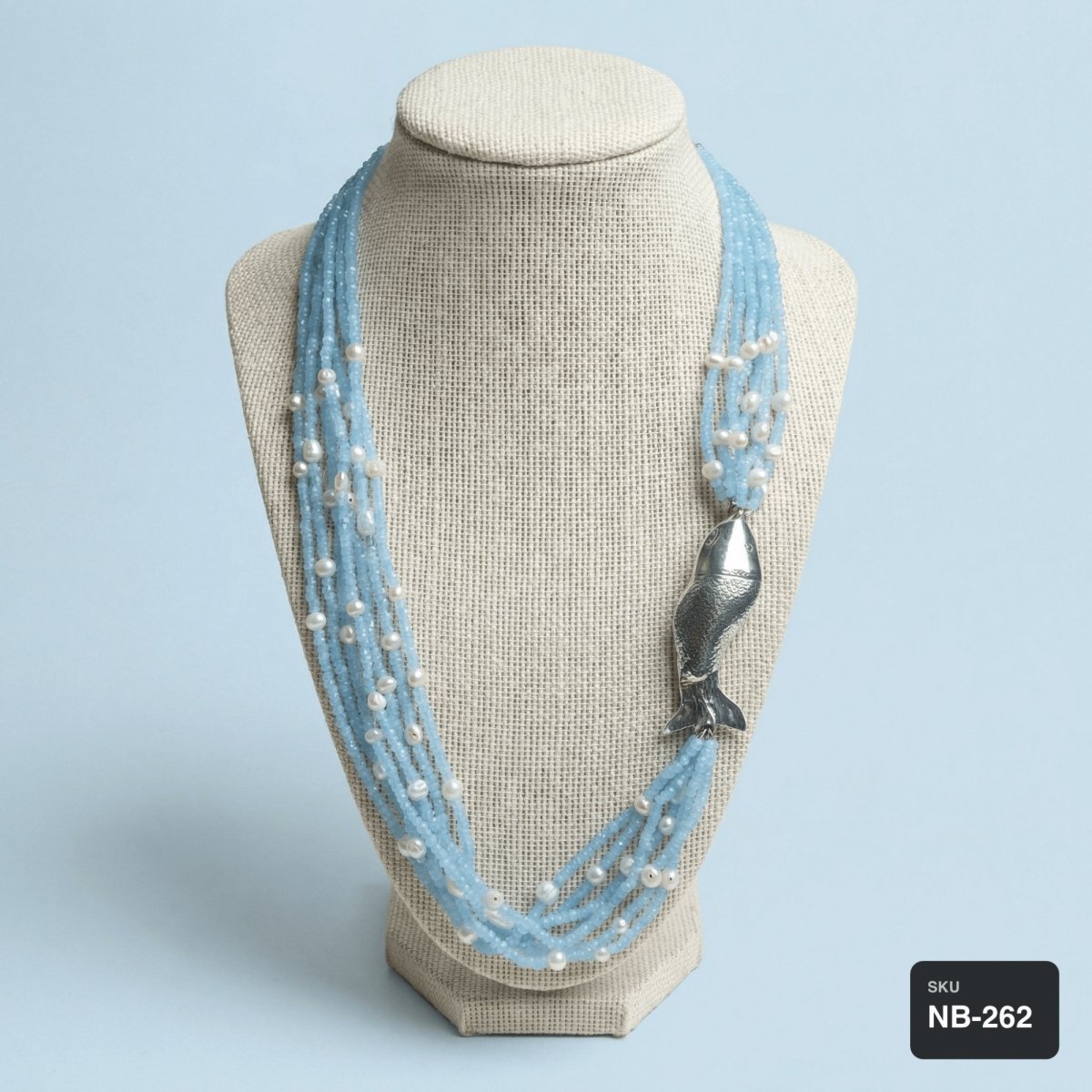 Blue Agate & Freshwater Pearl Necklace with Silver Fish Pendant - Thumbnail 2