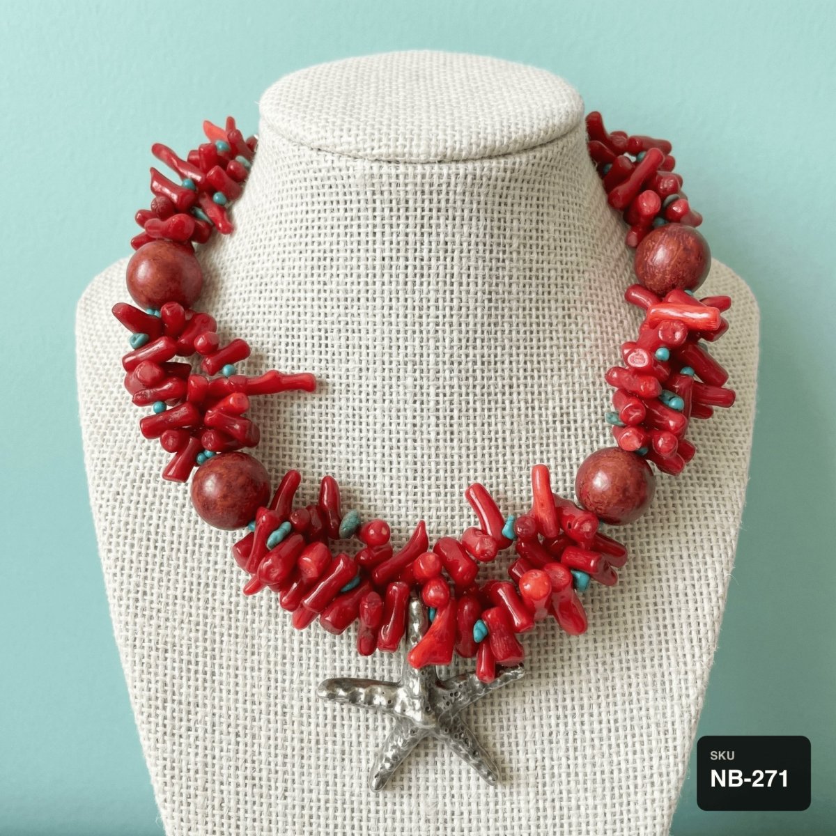 Red Coral & Turquoise Necklace with Silver Starfish Pendant - Thumbnail 2