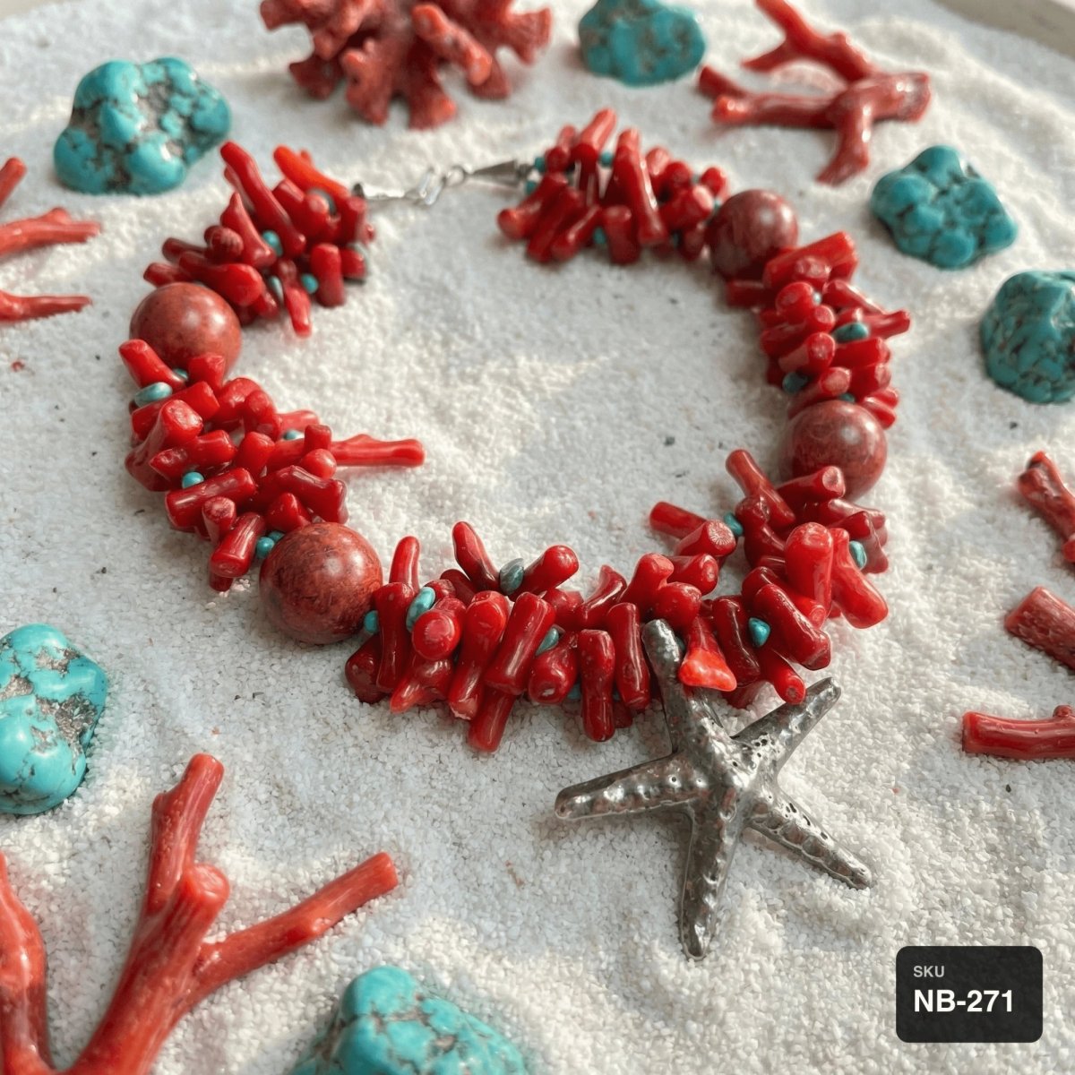 Red Coral & Turquoise Necklace with Silver Starfish Pendant - Thumbnail 3