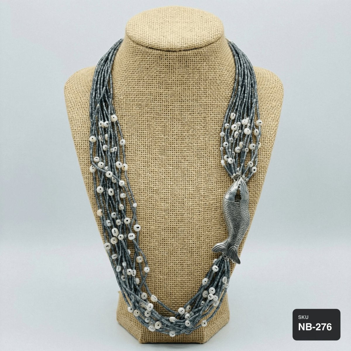 African Gray Agate & Freshwater Pearl Multi-Strand Necklace with Silver Fish Pendant - Thumbnail 2