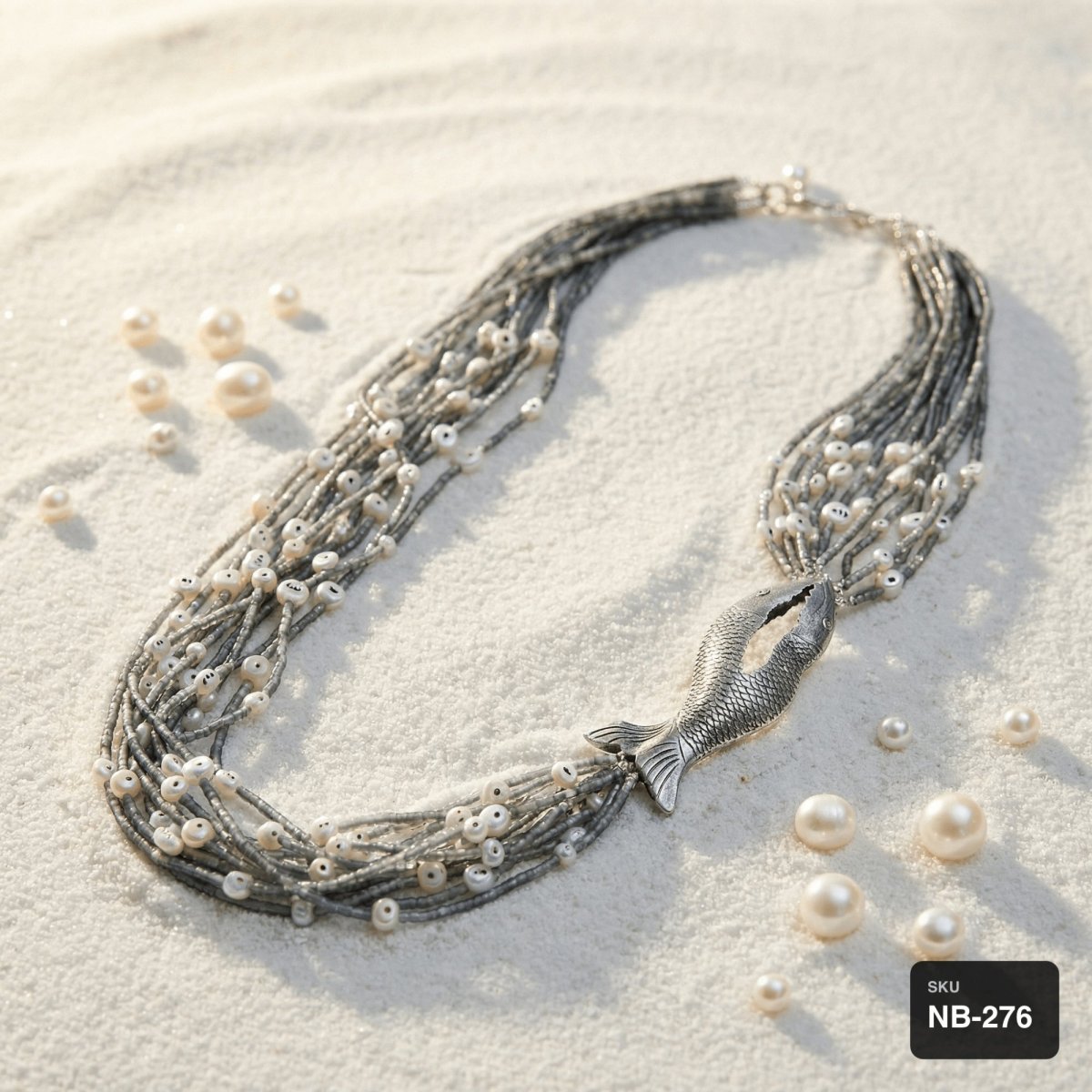 African Gray Agate & Freshwater Pearl Multi-Strand Necklace with Silver Fish Pendant - Thumbnail 3