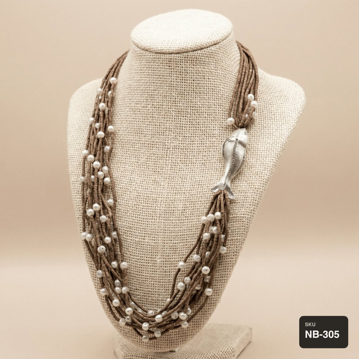 Brown African Jade and Pearl Necklace with Silver Fish Pendant - Thumbnail 2