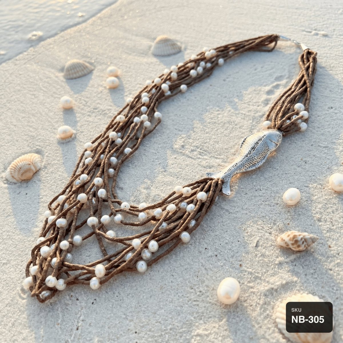 Brown African Jade and Pearl Necklace with Silver Fish Pendant - Thumbnail 3