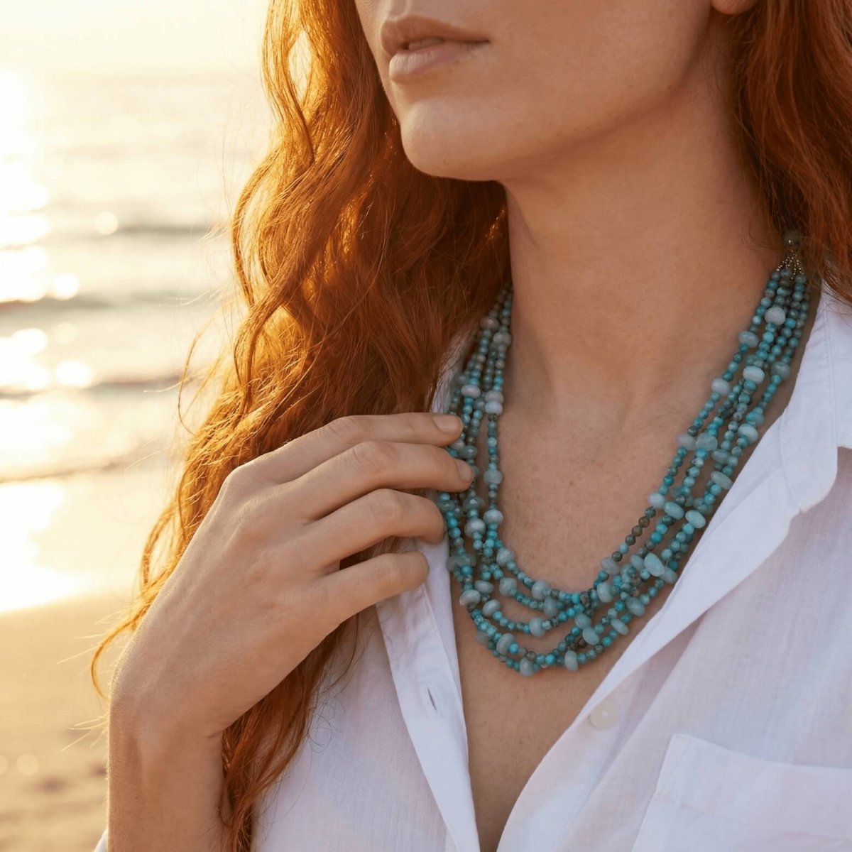 Multi Strand Aquamarine and Turquoise Necklace