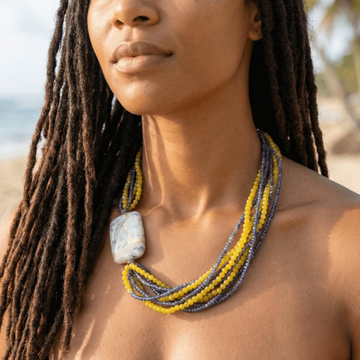 Multi-Strand Yellow Jade And Blue Sapphire Necklace With Ocean Jasper Pendant