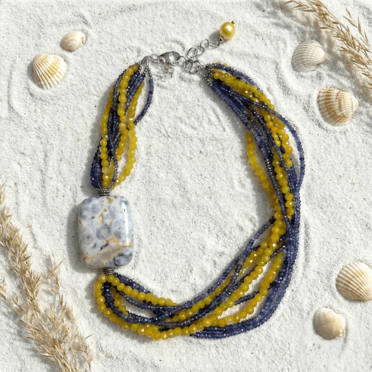 Multi-Strand Yellow Jade And Blue Sapphire Necklace With Ocean Jasper Pendant - Thumbnail 2