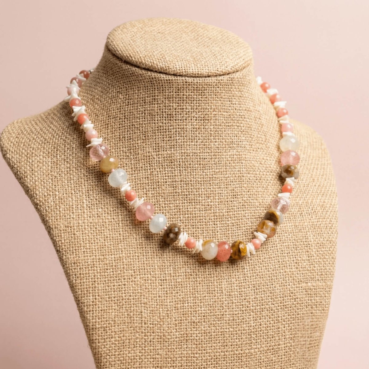 Multi-Color Agate, Coral, and Mother of Pearl Bead Necklace - Thumbnail 2