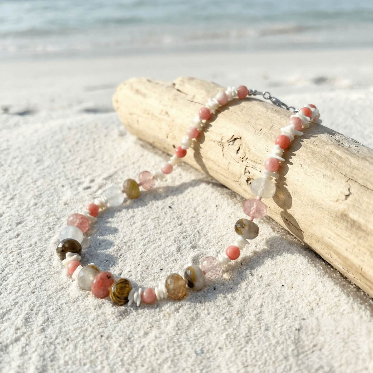 Multi-Color Agate, Coral, and Mother of Pearl Bead Necklace - Thumbnail 3