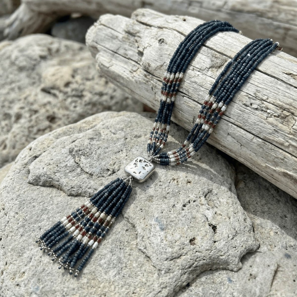Multi-Strand Sodalite Heishi Necklace With Coral And White Accents And Silver Pendant - Thumbnail 2