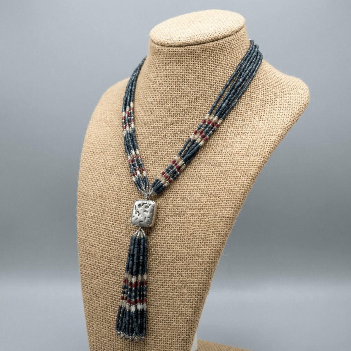 Multi-Strand Sodalite Heishi Necklace With Coral And White Accents And Silver Pendant - Thumbnail 3
