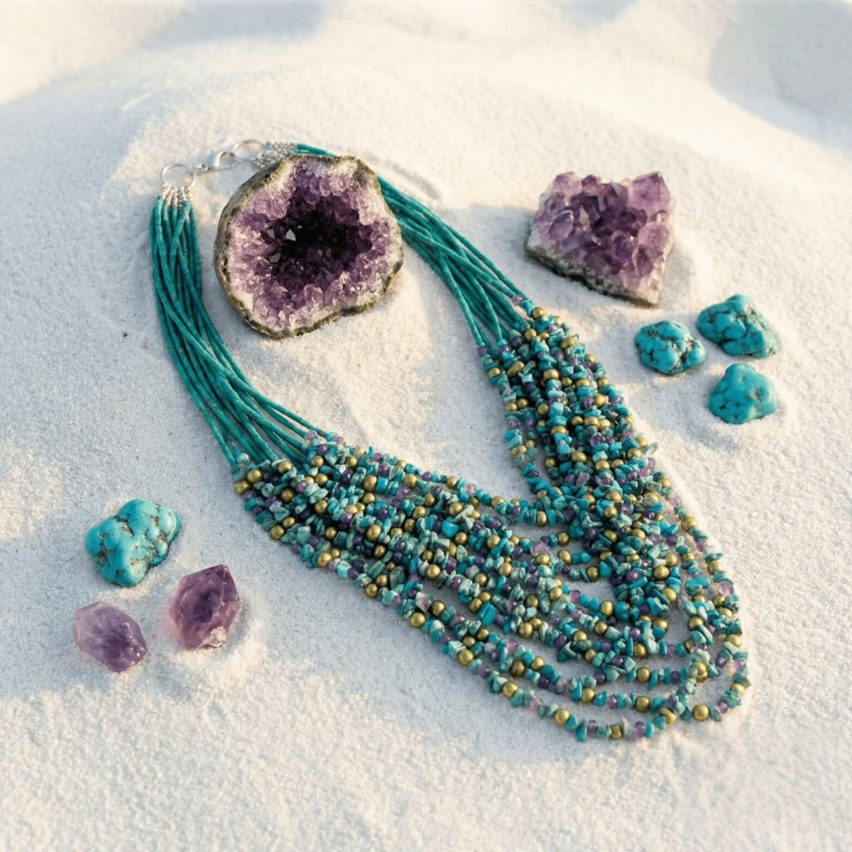 African Jade, Amethyst and Turquoise Necklace - Thumbnail 2