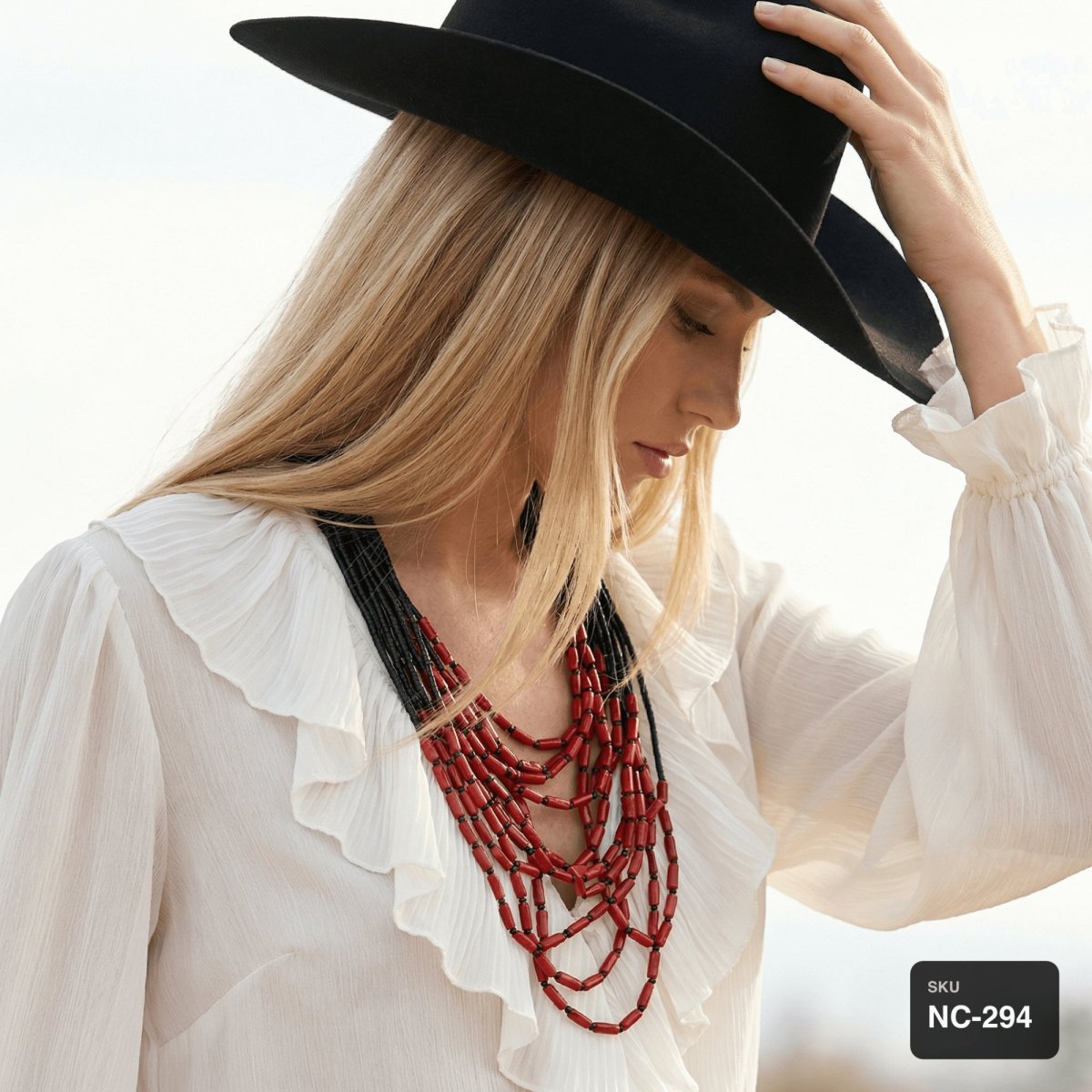 African Black Jade and Red Coral Necklace