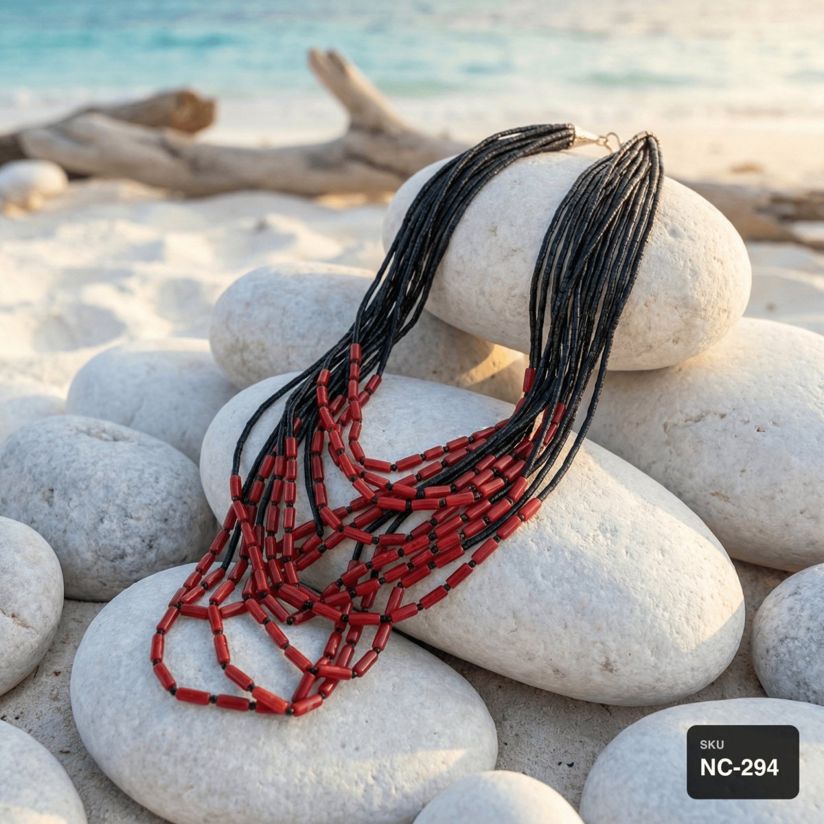African Black Jade and Red Coral Necklace - Thumbnail 3