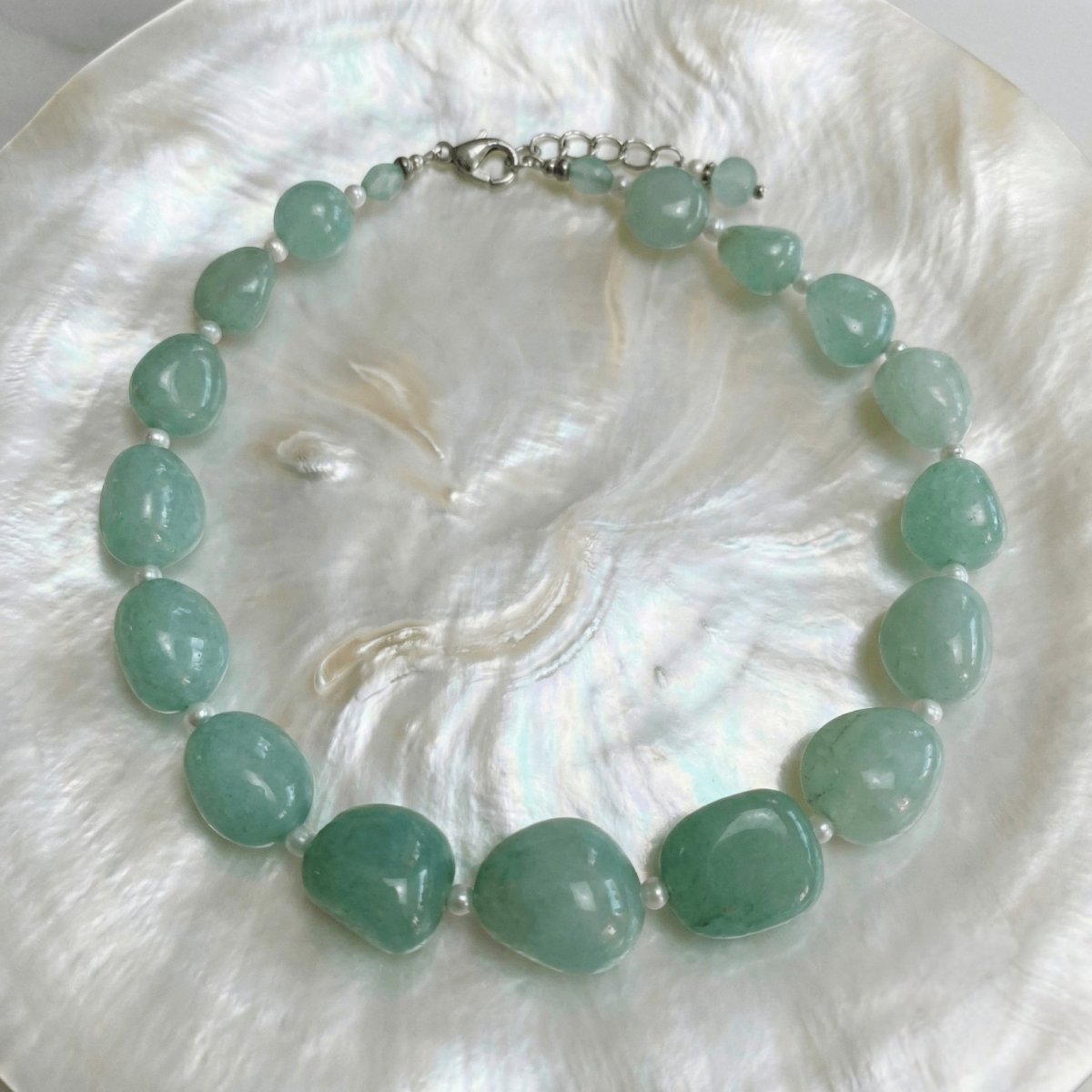 Green Aventurine and Freshwater Pearl Bead Necklace - Thumbnail 3