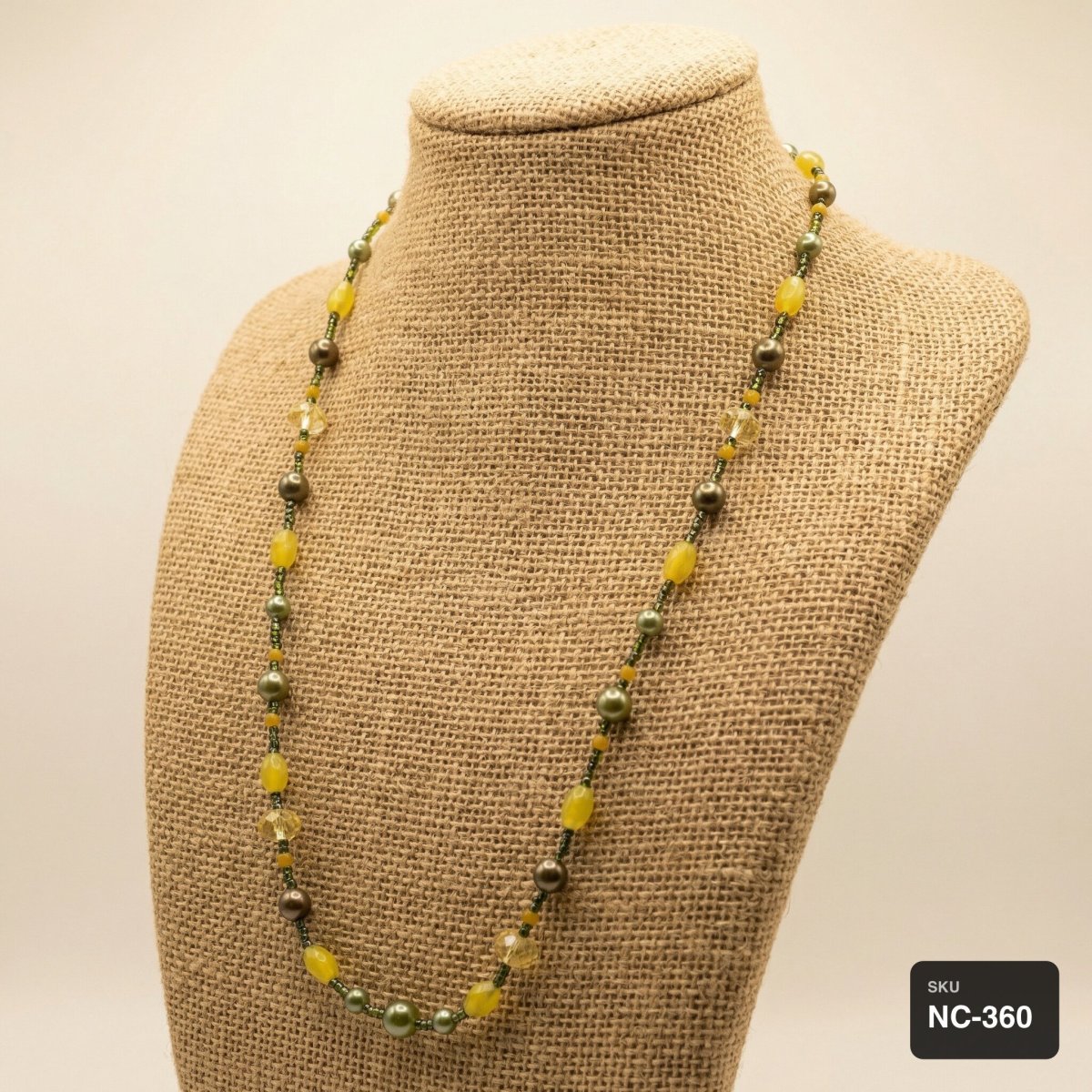 Yellow Jade & Citrine Long Beaded Necklace with Olive Pearl Accents - Thumbnail 2