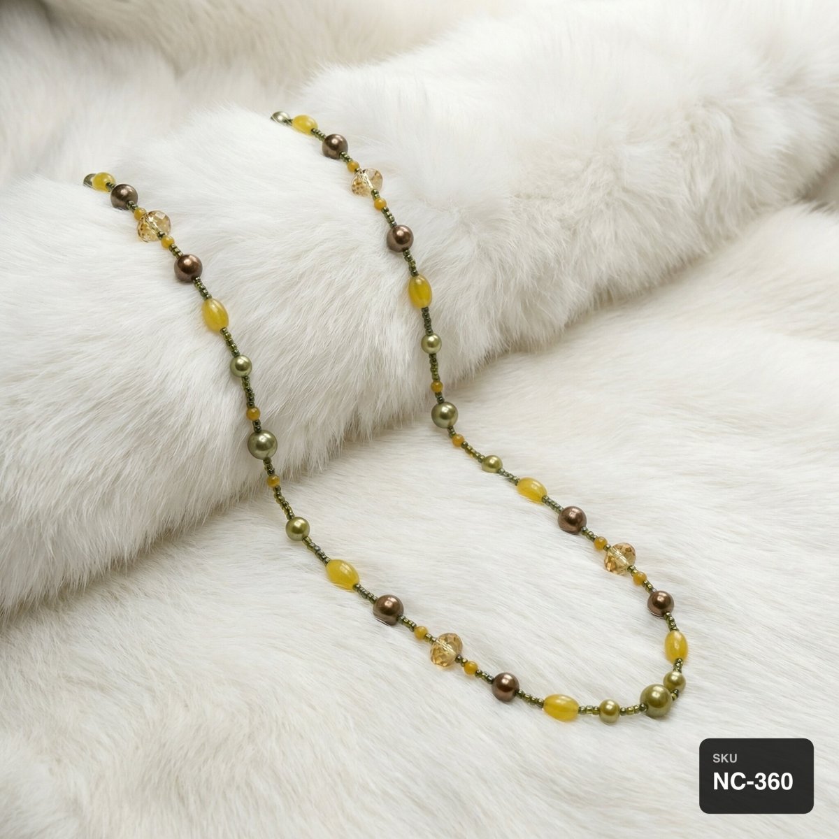 Yellow Jade & Citrine Long Beaded Necklace with Olive Pearl Accents - Thumbnail 3