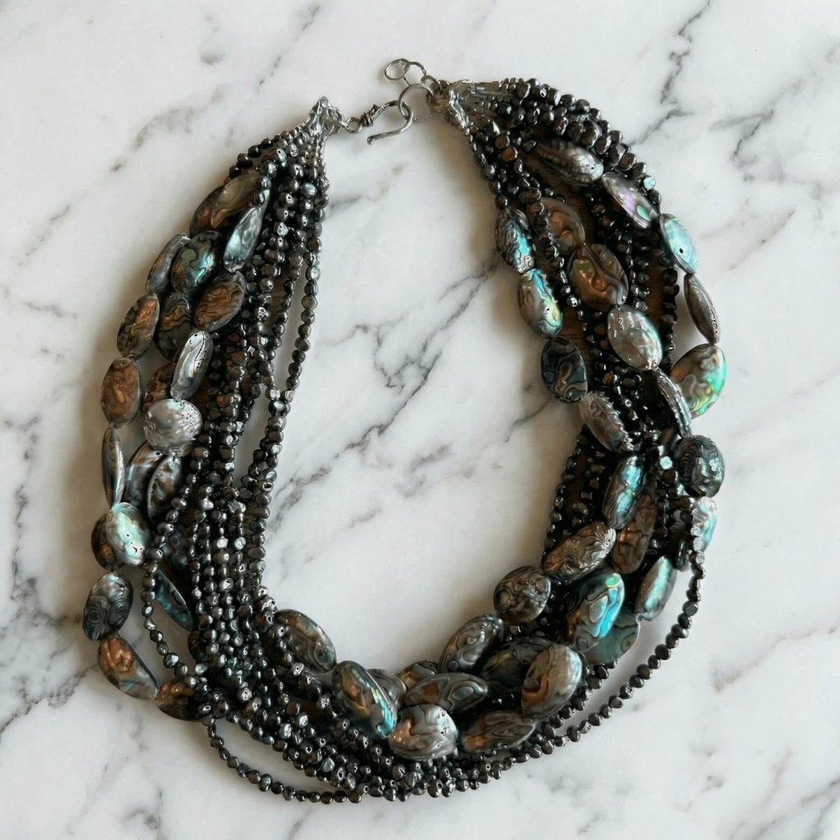 Seed Pearl Necklace with Abalone Shell Ovals - Thumbnail 2
