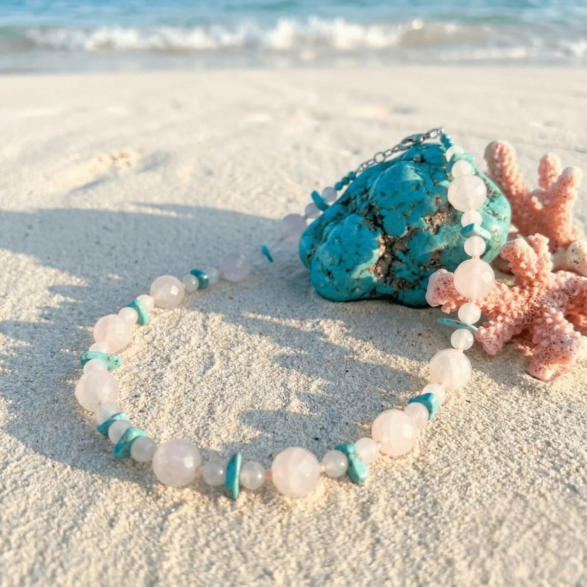 Rose Quartz, Pink Coral and Turquoise Necklace - Thumbnail 3