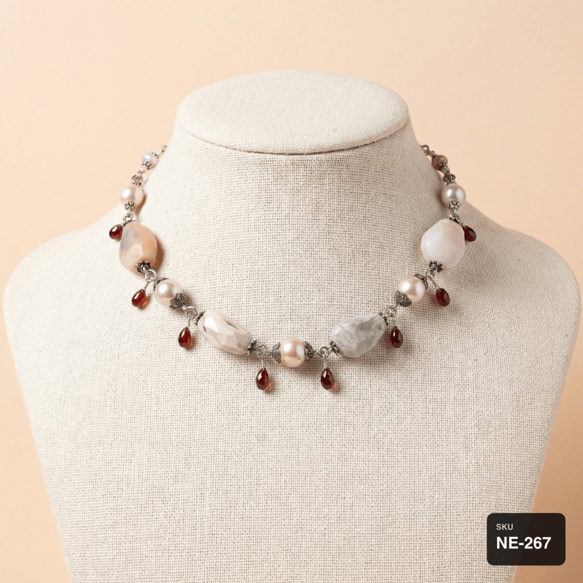 Peach Agate & Ruby Drop Necklace - Thumbnail 2