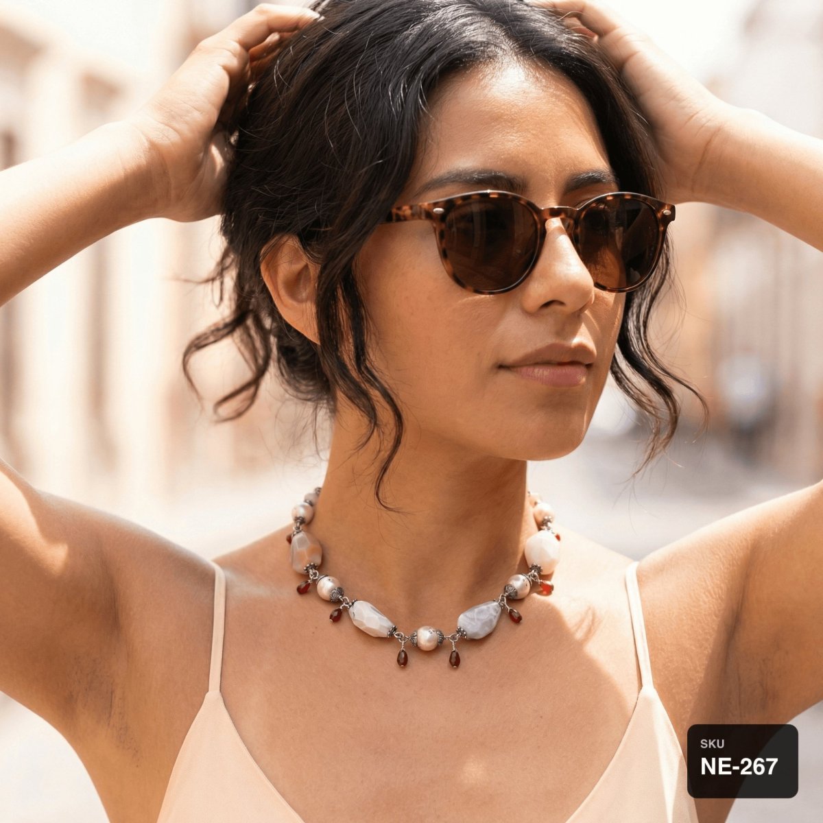 Peach Agate & Ruby Drop Necklace