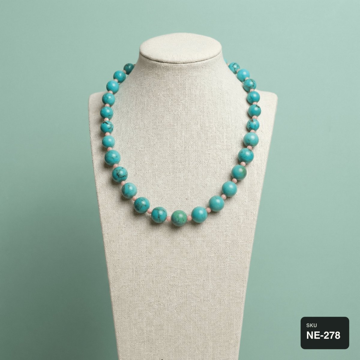 Turquoise & Pink Coral Beaded Necklace - Thumbnail 2