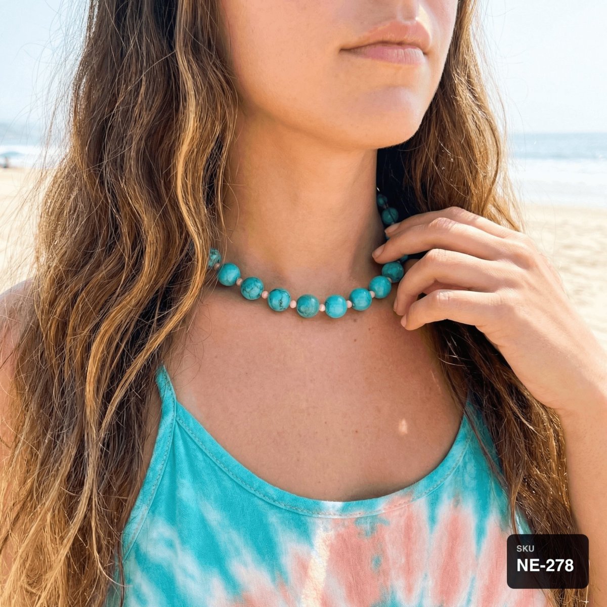 Turquoise & Pink Coral Beaded Necklace