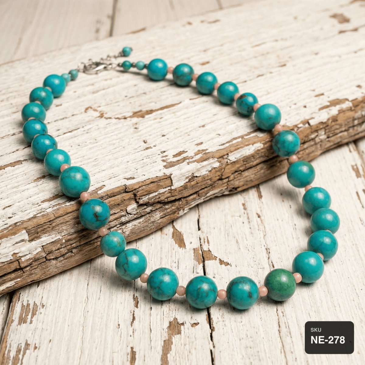 Turquoise & Pink Coral Beaded Necklace - Thumbnail 3