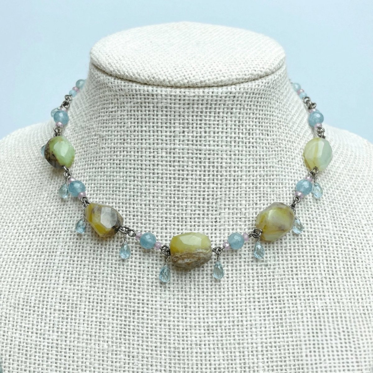 Prehnite, Aquamarine & Pink Sapphire Drop Necklace - Thumbnail 2