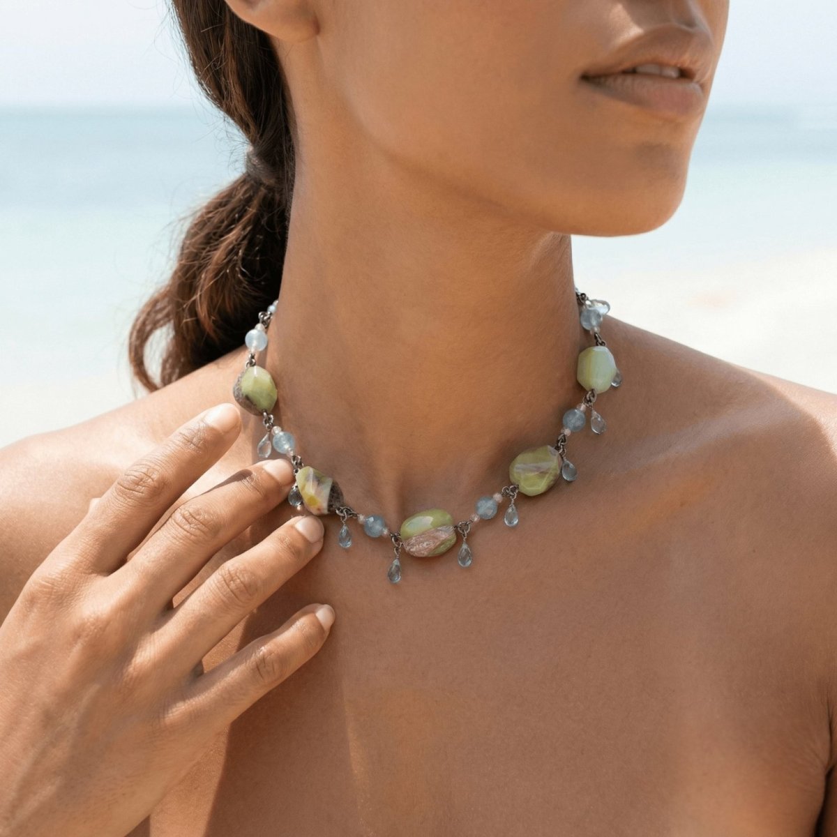Prehnite, Aquamarine & Pink Sapphire Drop Necklace