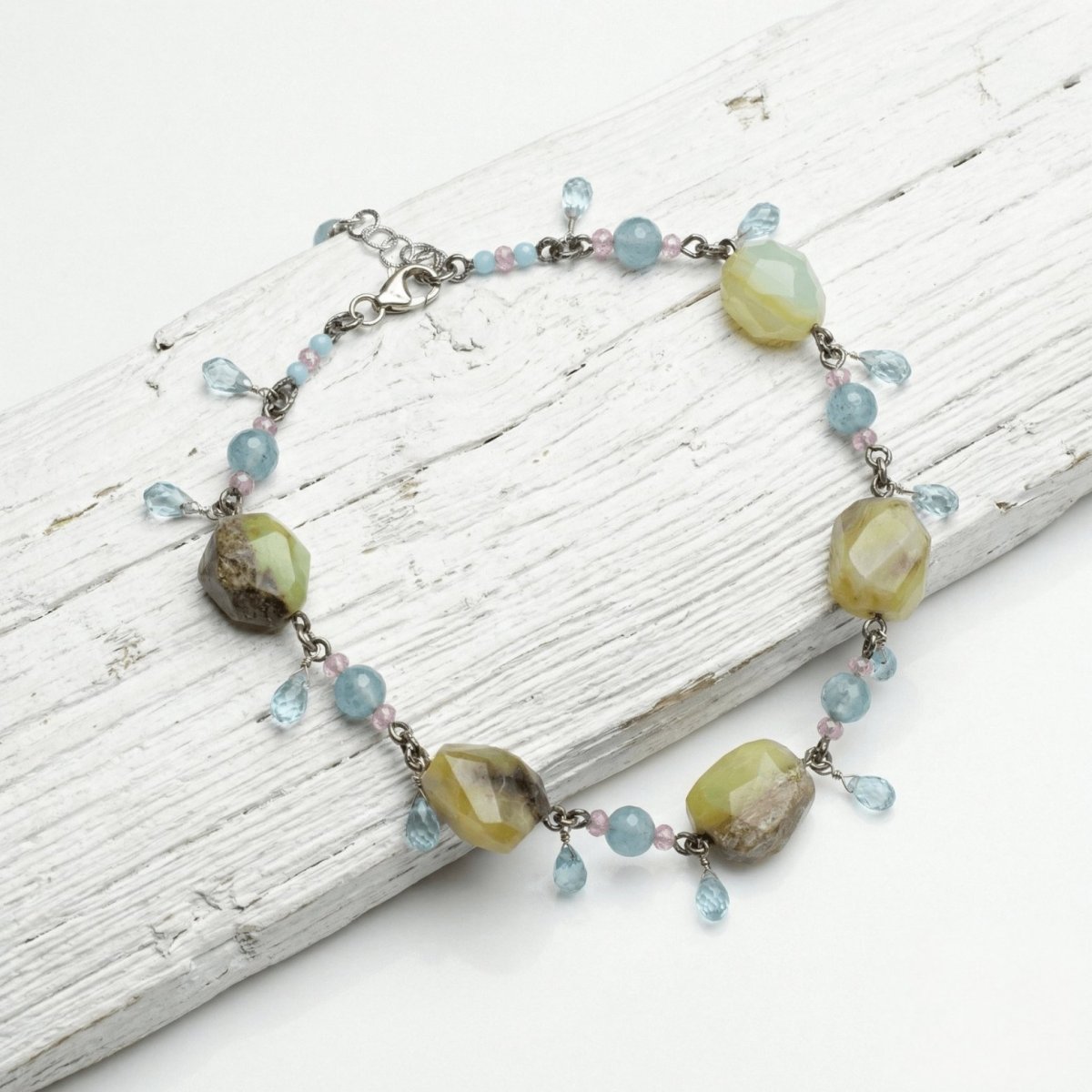 Prehnite, Aquamarine & Pink Sapphire Drop Necklace - Thumbnail 3