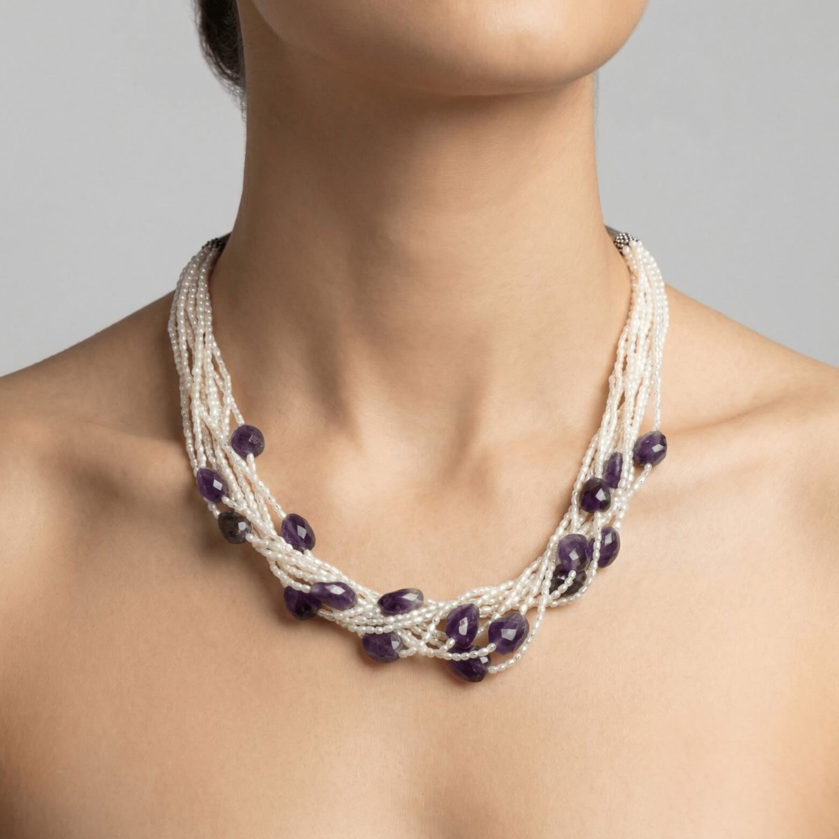 Pearl with Amethyst Drop Necklace - Thumbnail 2