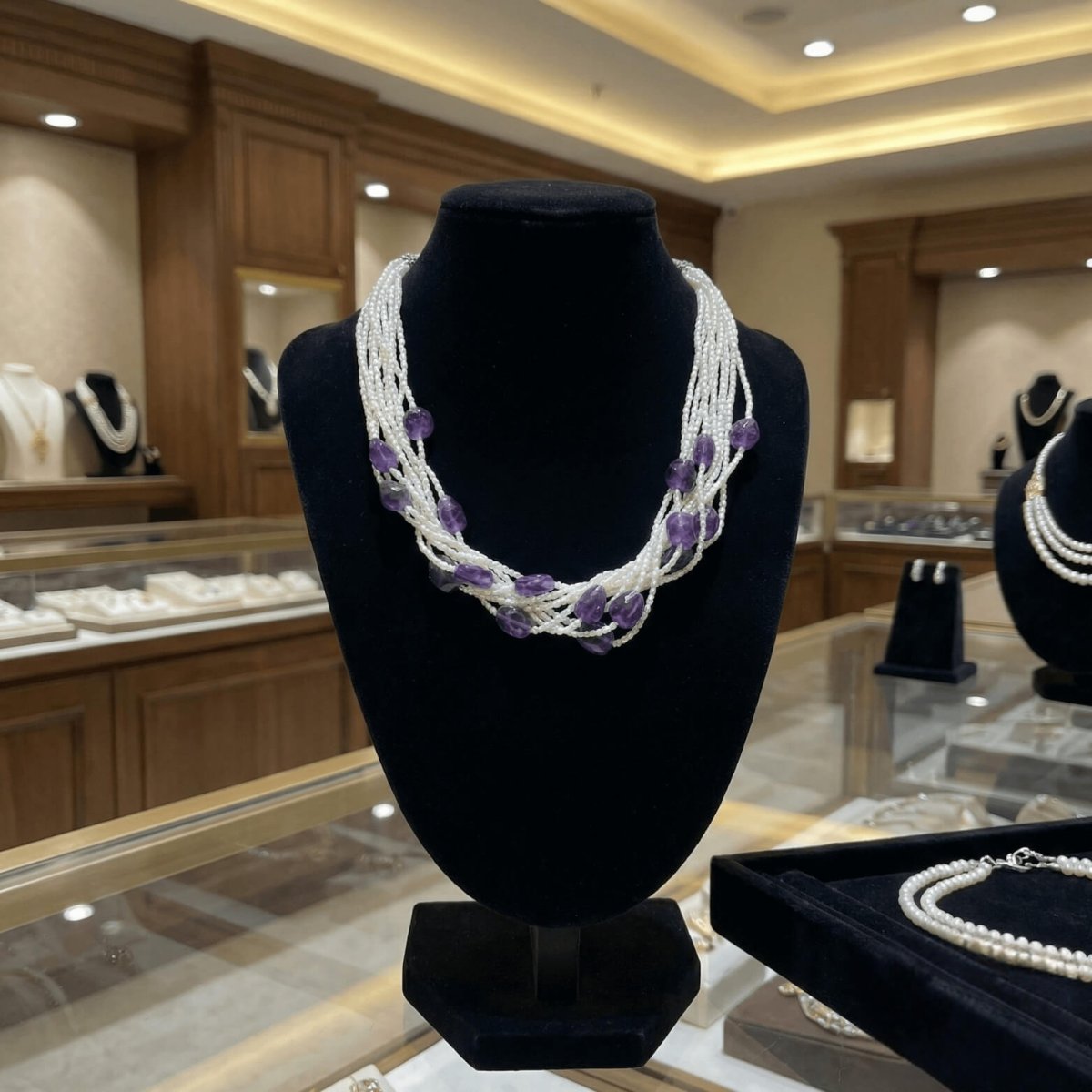 Pearl with Amethyst Drop Necklace - Thumbnail 3