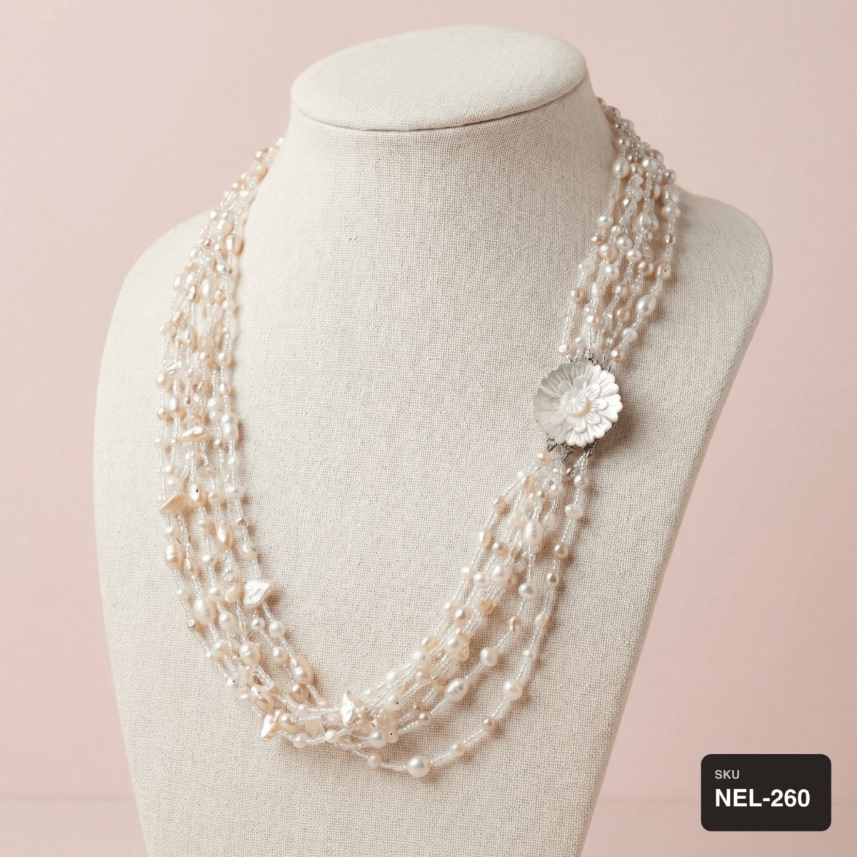 Freshwater Pearl Necklace with Mother of Pearl Flower Pendant - Thumbnail 2
