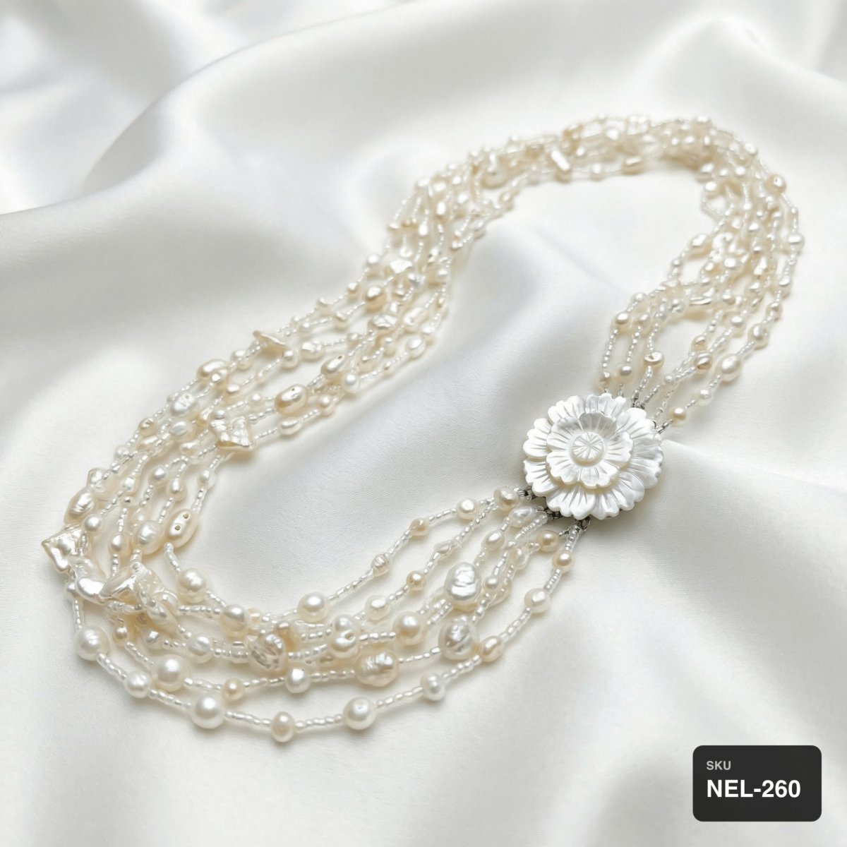 Freshwater Pearl Necklace with Mother of Pearl Flower Pendant - Thumbnail 3