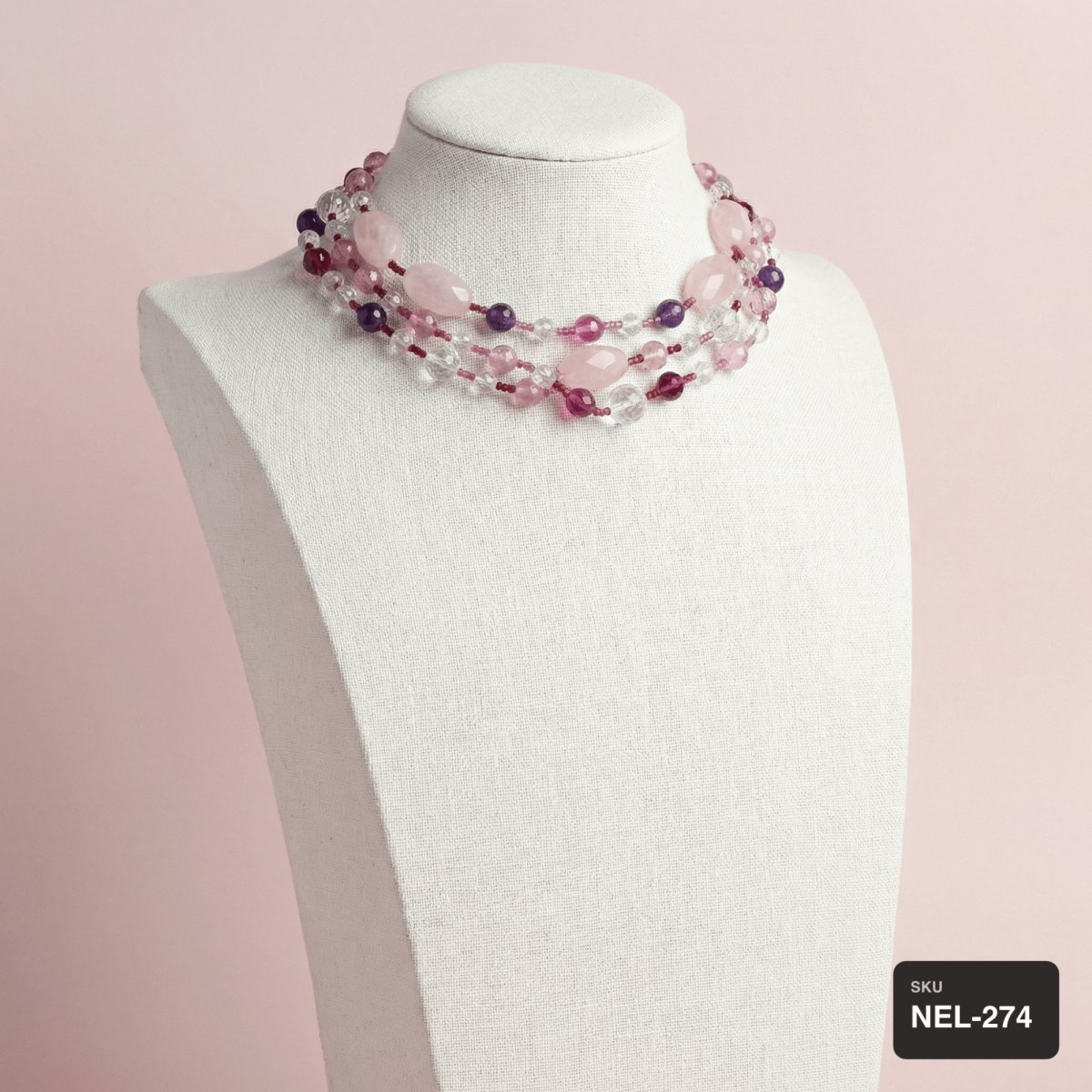 Rose Quartz, Amethyst & Crystal Multi-Strand Necklace - Thumbnail 2