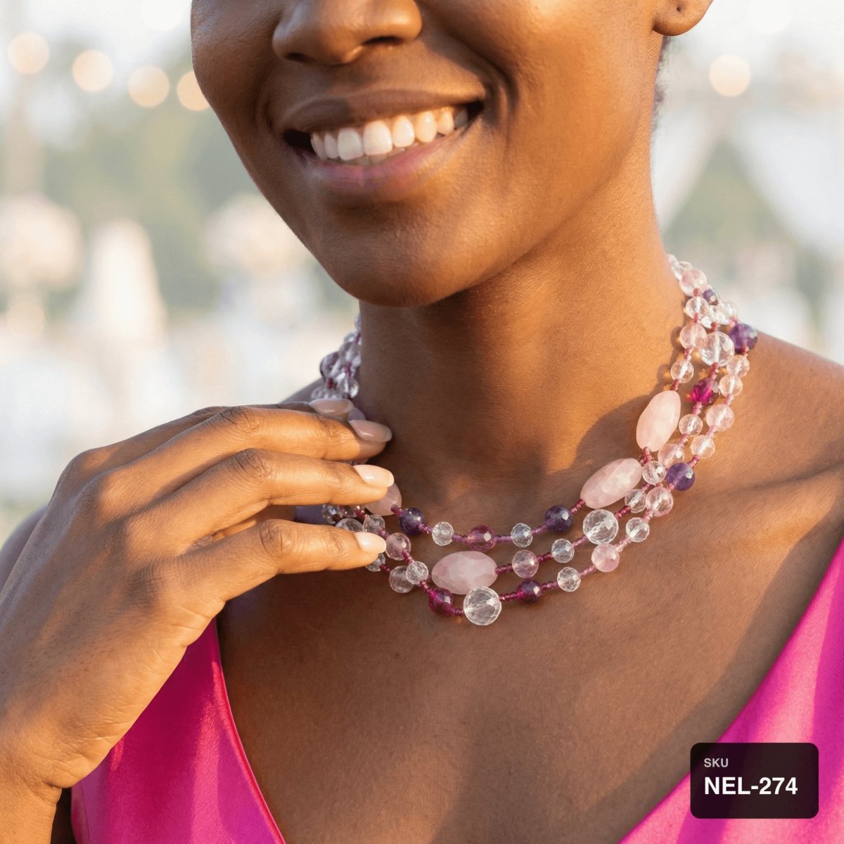 Rose Quartz, Amethyst & Crystal Multi-Strand Necklace
