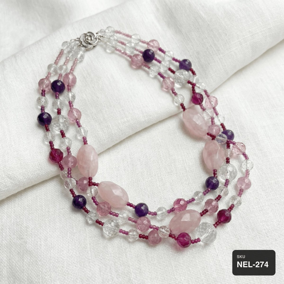 Rose Quartz, Amethyst & Crystal Multi-Strand Necklace - Thumbnail 3