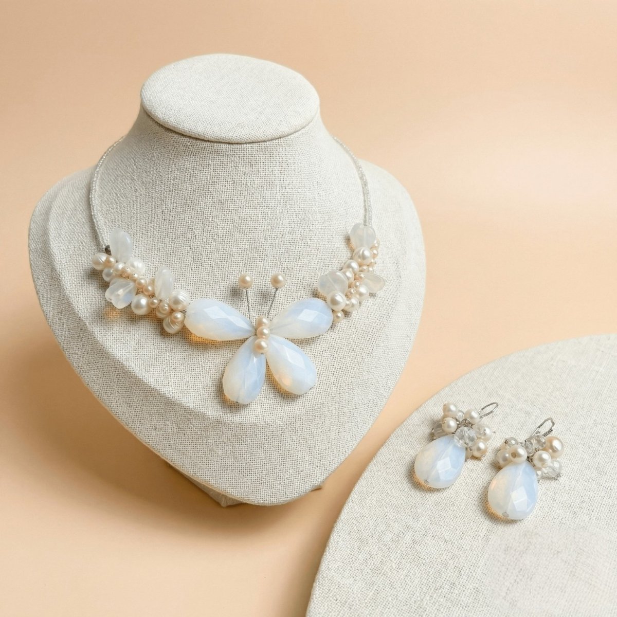 Pearl and Moonstone Butterfly Necklace with Matching Earrings - Thumbnail 2