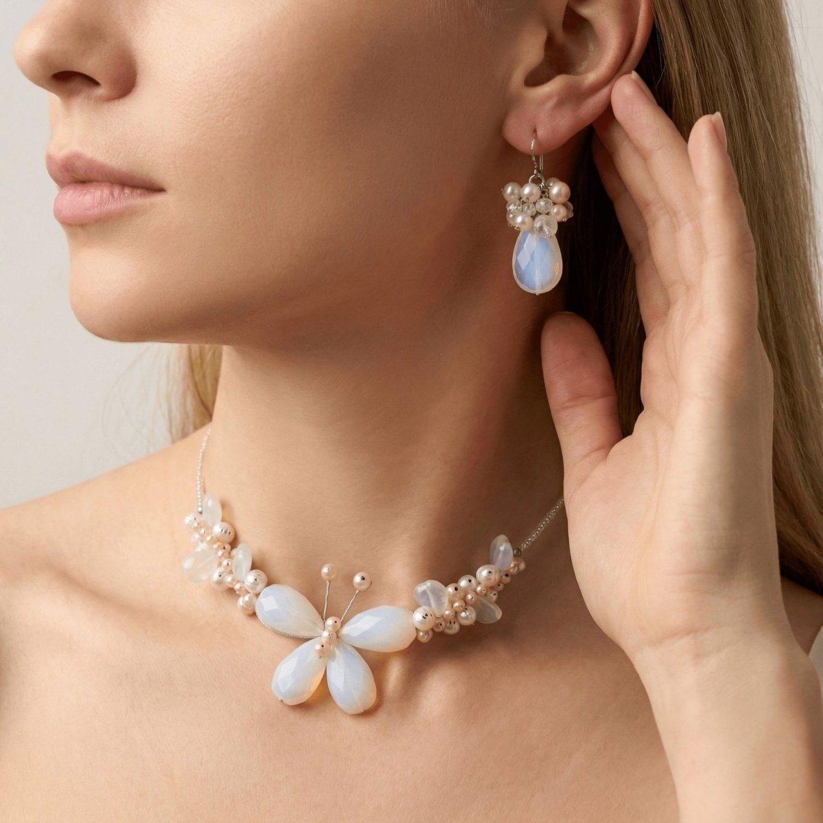 Pearl and Moonstone Butterfly Necklace with Matching Earrings