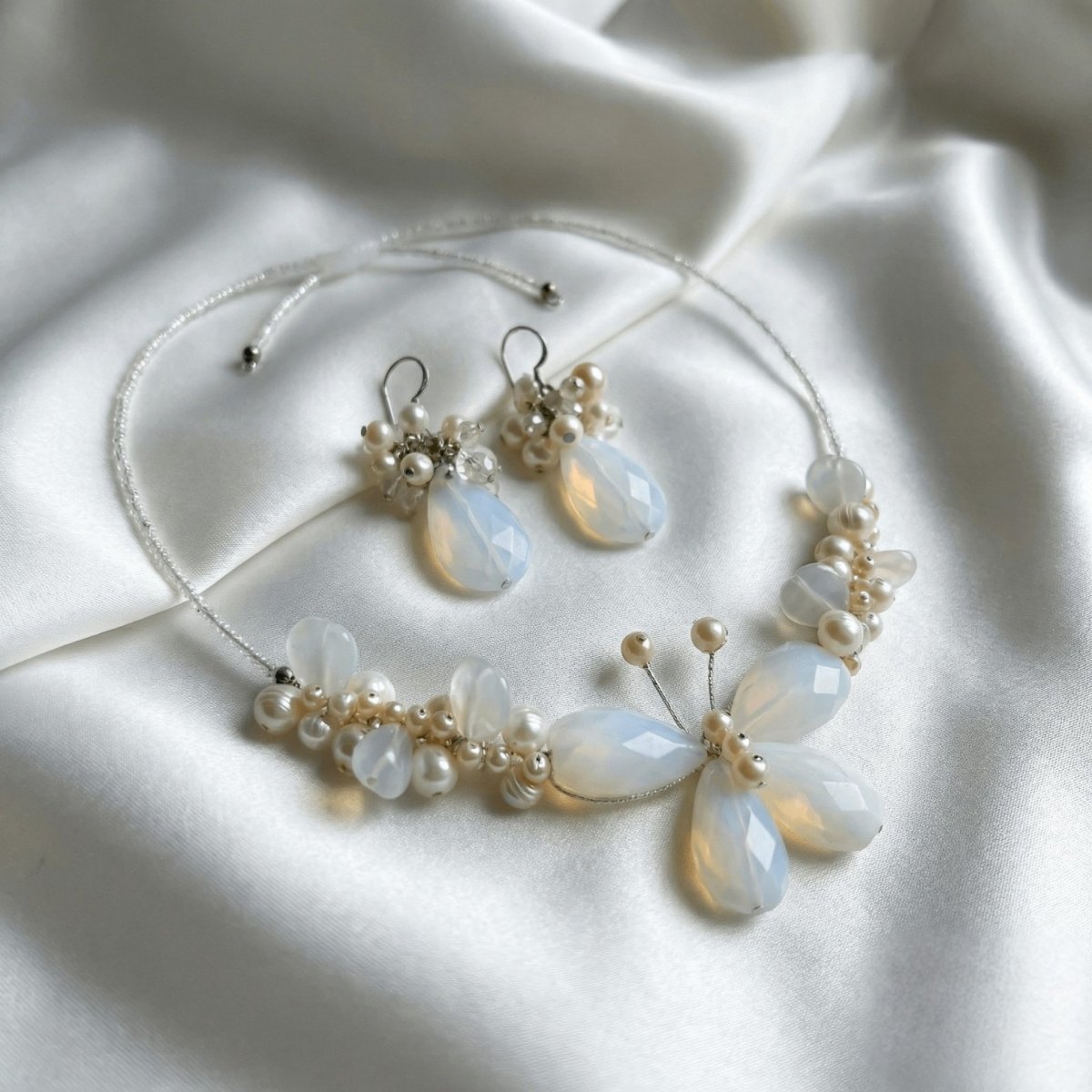 Pearl and Moonstone Butterfly Necklace with Matching Earrings - Thumbnail 4