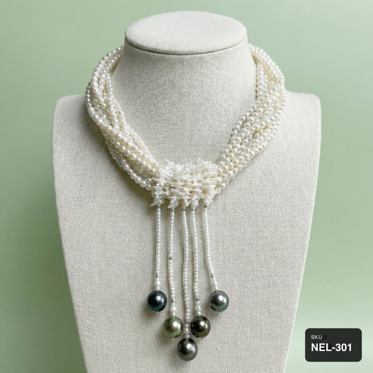 Seed Pearl Statement Necklace with Tahitian Pearl Drops - Thumbnail 2