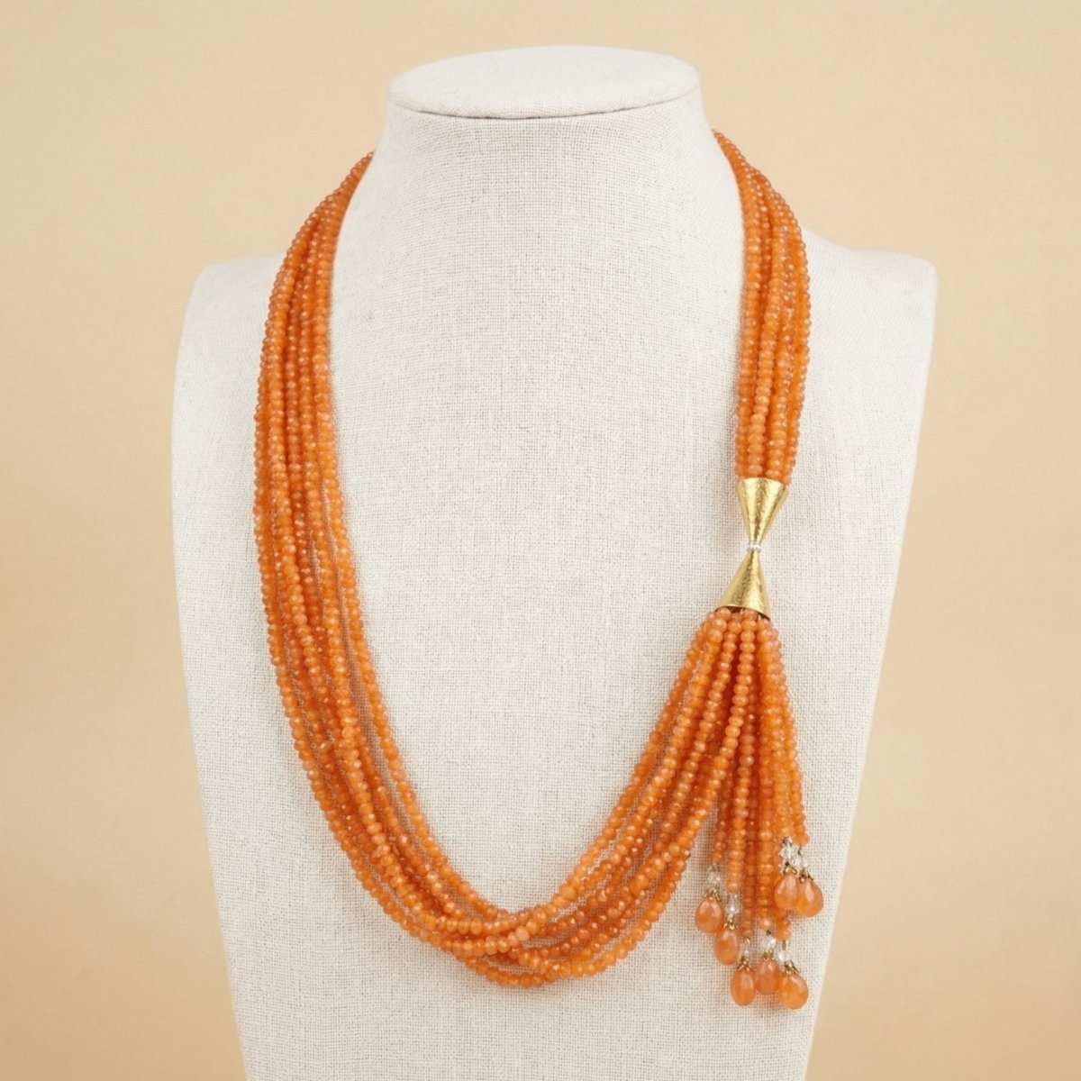 Multi-Strand Orange Carnelian Beaded Necklace with Gold-Tone Tassel Accent - Thumbnail 2
