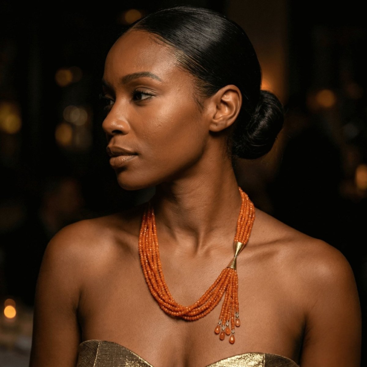 Multi-Strand Orange Carnelian Beaded Necklace with Gold-Tone Tassel Accent